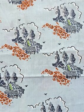 Vintage 60s DHJ Industries Blue Cotton House Cabin Scene Print Fabric 2yd +24” L